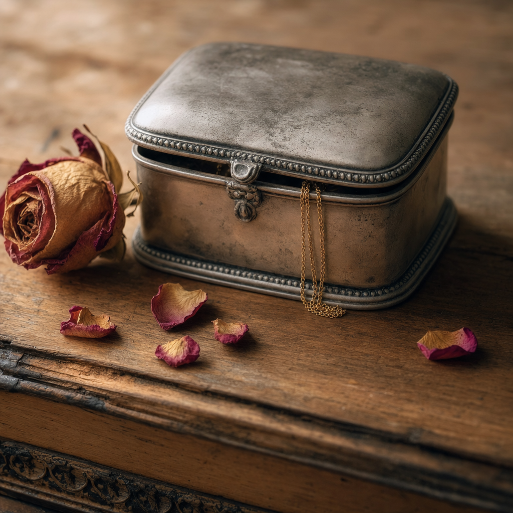 Twrad jewellery box on wooden surface